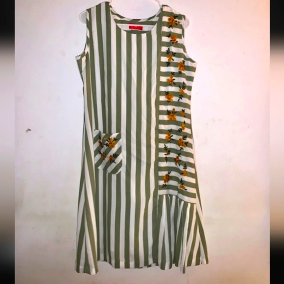 Kaira Dresses & Skirts - Kaira- be that girl today- size large Olive and Cream striped Embroidered Dress